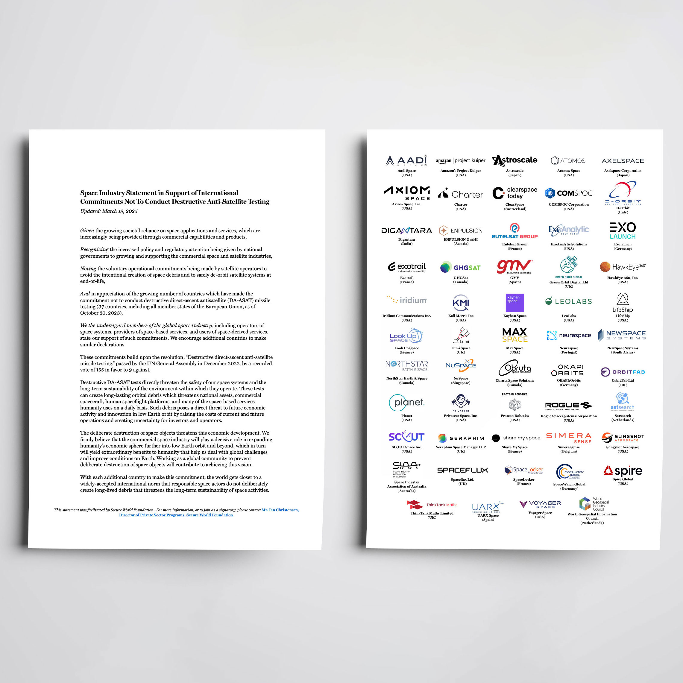 Space Industry Statement in Support of International Commitments to Not Conduct ASAT Tests logo
